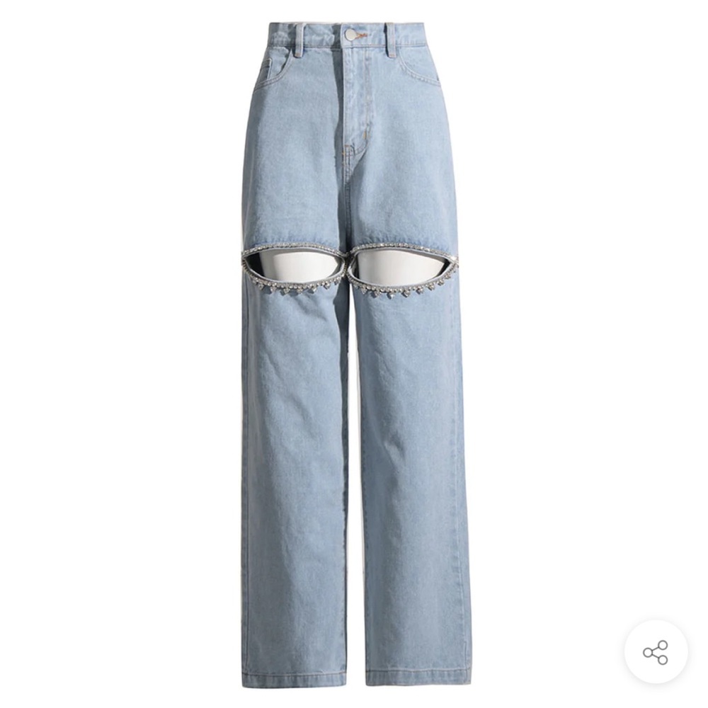 CRYSTAL EMBELLISHED CUTOUT HIGH WAIST STRAIGHT LEG DENIM JEANS
